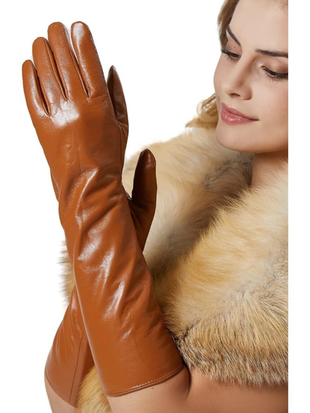 Women's Champagne Opera Length Touchscreen Ladies Warm Lined Long Leather Gloves